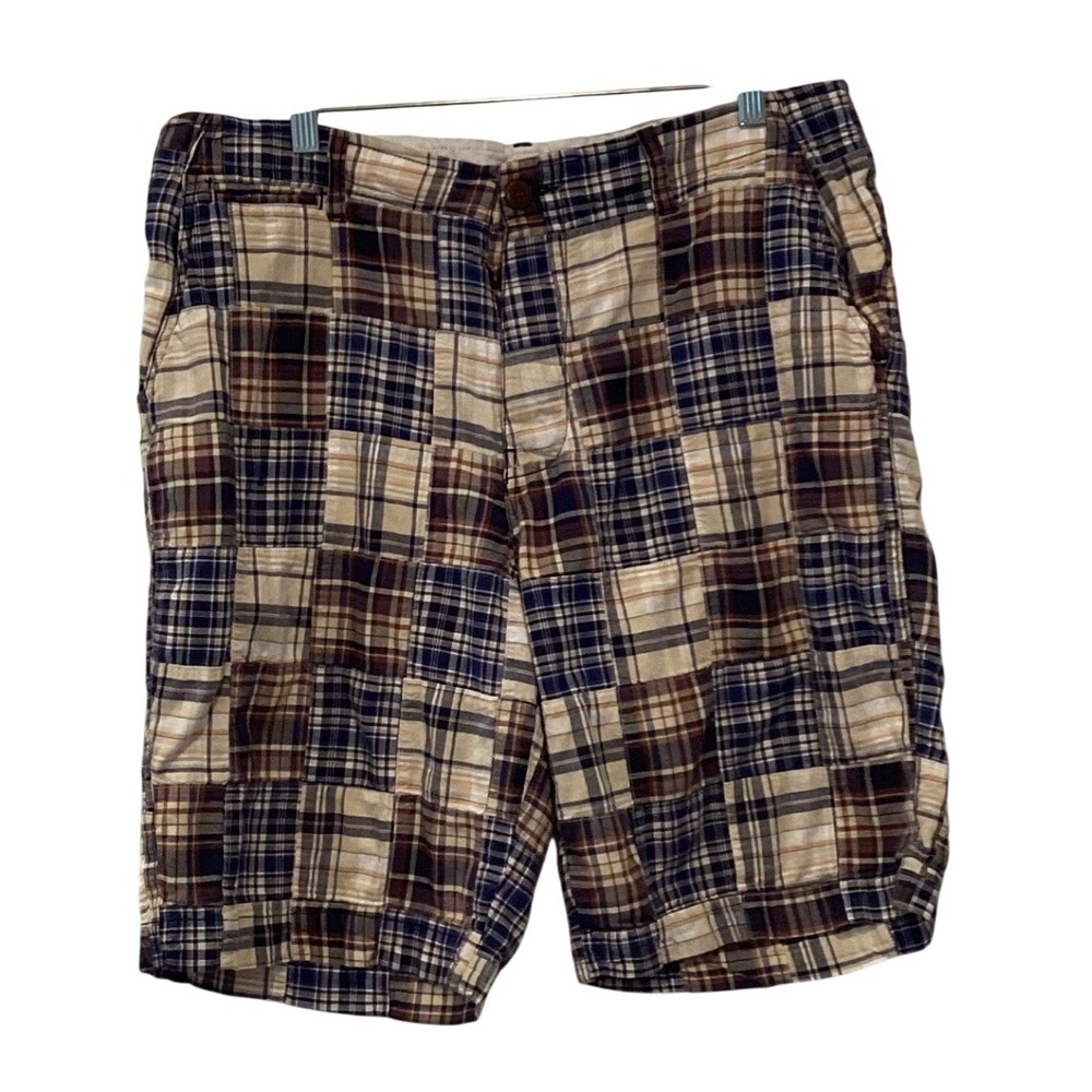 J.Crew Vintage Mens Madras Patchwork Plaid Shorts Blue Brown Cream - Size 35
